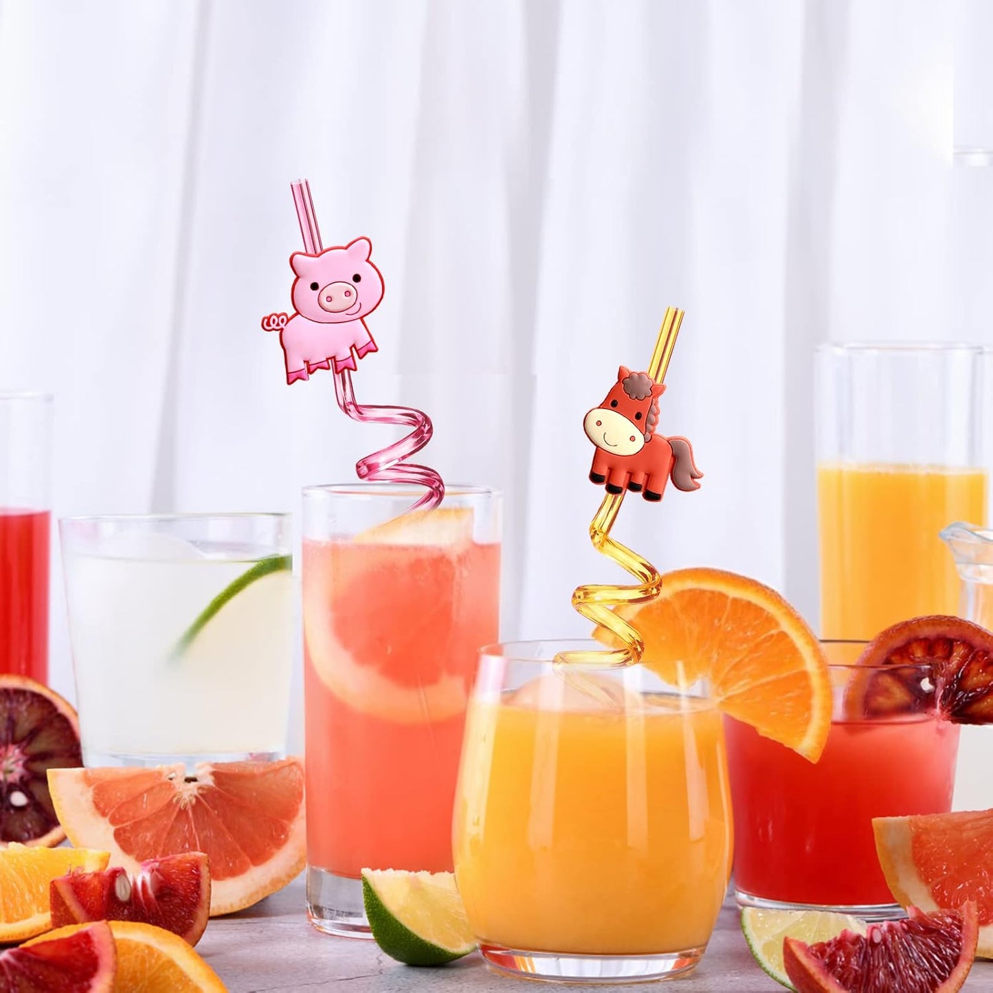 24 Reusable Farm Animal Plastic Straws Chicken Sheep Horse Cow Pig for Barnyard Farm Birthday Party Supplies Gift Favors with 2 Cleaning Brushes