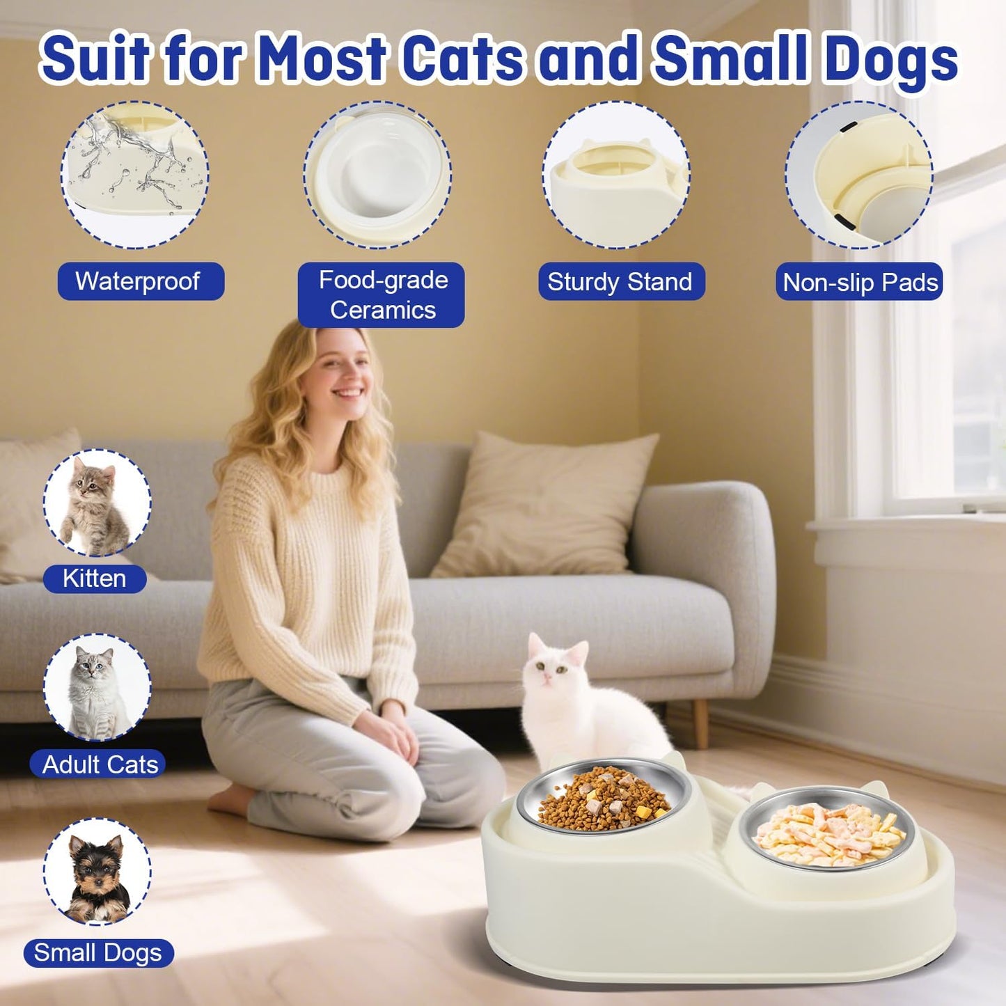 Elevated Cat Bowls for Indoor Cats, Raised Cat Bowl Set with 2 Stainless Steel Pet Bowls, No Spill Feeding Station, Tilted and Elevated Anti Vomiting Cats Dishes for Food and Water