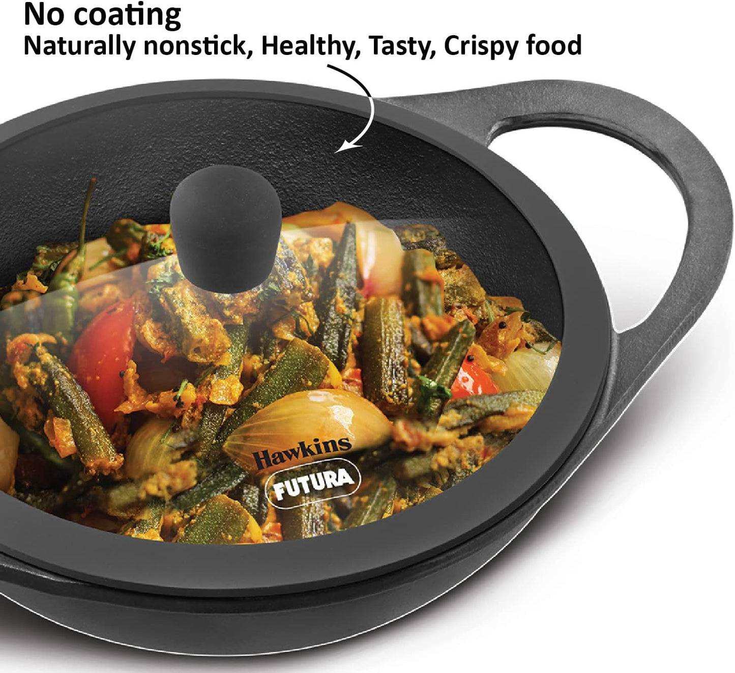 Hawkins Futura 2 Litre Cast Iron Kadhai, Naturally Nonstick Cast Iron Kadai with Glass Lid, Cast Iron Cookware for Kitchen, Black (CIK20G)
