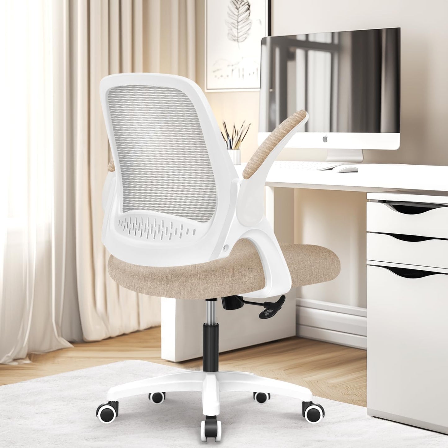 NEO CHAIR Office Desk Computer Gaming Ergonomic Chair with Lumbar Back Support Adjustable Height Swivel Wheels Flip-up Arms Mesh Chair for Home or Office (Beige)
