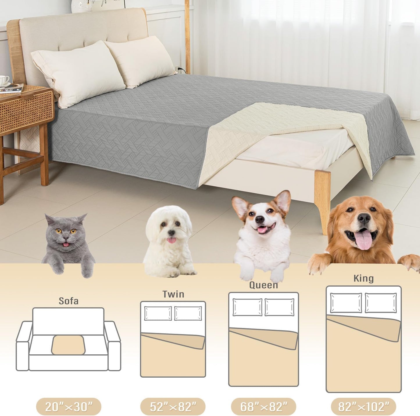 BOCTOPUG Dog Bed Cover for Pets Blankets Rug Pads for Couch Protection Waterproof Bed Covers Dog Blanket Furniture Protector Reusable Changing Pad (Light Grey+Ivory, 82"x82")