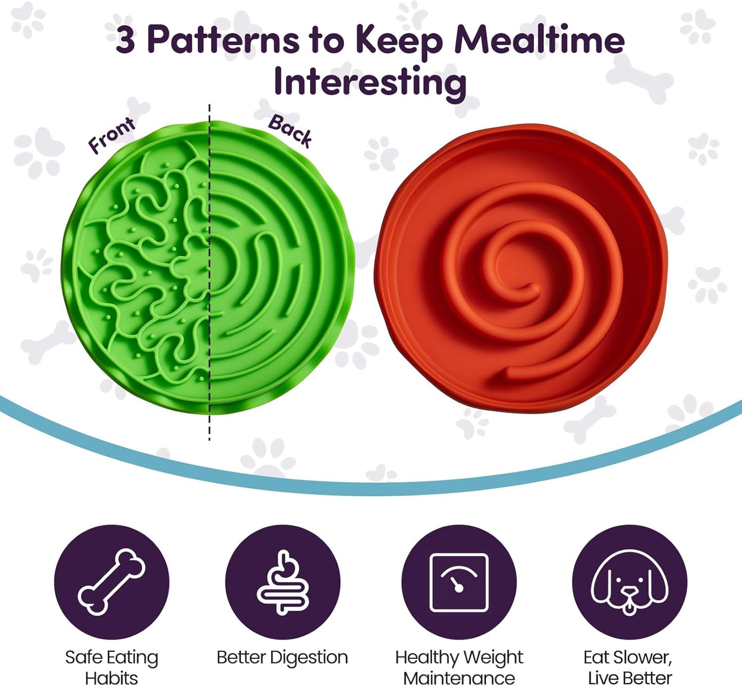Slow Feeder Small Dog Bowl – 2 Patterns Reversible Lick Mat & 1 Spiral Slow Feeder - Hamburger Style | Non-Slip, Dishwasher Safe & Easy to Clean