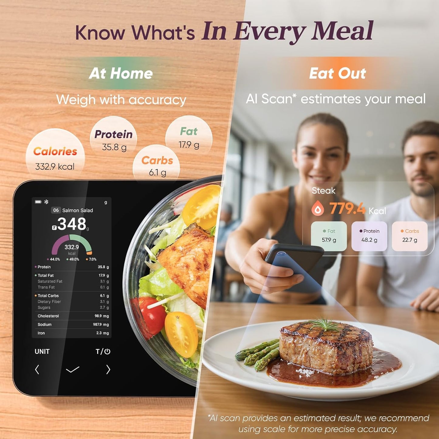 Cosori Smart Food Kitchen Scale with Nutritional Calculator, Free App for AI Scan, Calorie & Macro Tracking, Food Preload, On-Screen Nutrient Info, Personal Goals, Rechargeable, 11 lb / 5 kg