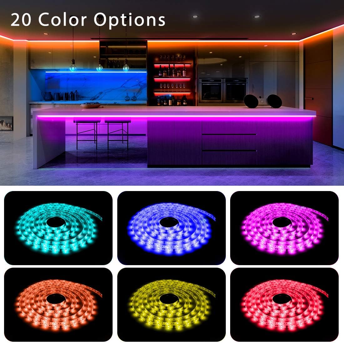 phopollo 5050 LED Strip Lights, 25ft Led Lights for Bedroom with 44 Keys IR Remote Controller and 12V Power Supply