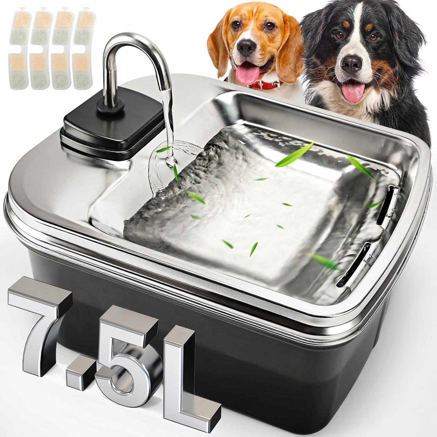 Stainless Steel Pet Fountain with Charcoal Filter, Includes Bone Treats, 16 x 10 x 10 in