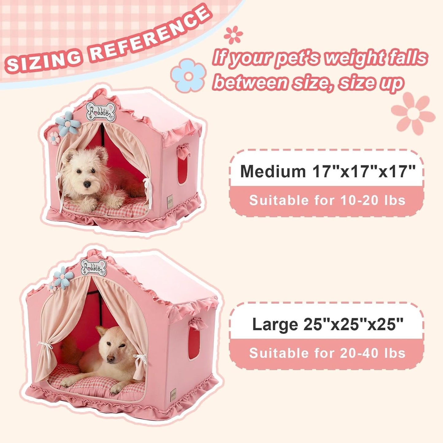 Jiupety Indoor Dog House with Frame, Cute Dog Tent Bed with Cover Cave, Breathable, Washable, and Foldable House, Suitable for 20-40 Lb, Large (25"×25"×25"), Pink