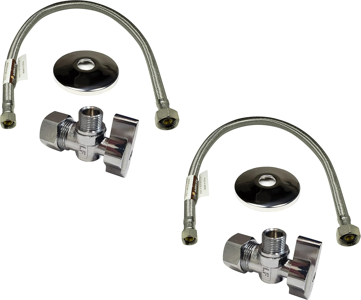Complete Faucet Set Valve 1/2 in. NOM Inlet x 3/8 in. OD Compression Outlet Angle Shut Off Valve + Escutcheon Plate + 20" Long Stainless Steel Braided Lavatory Water Supply Line (2 Pack)