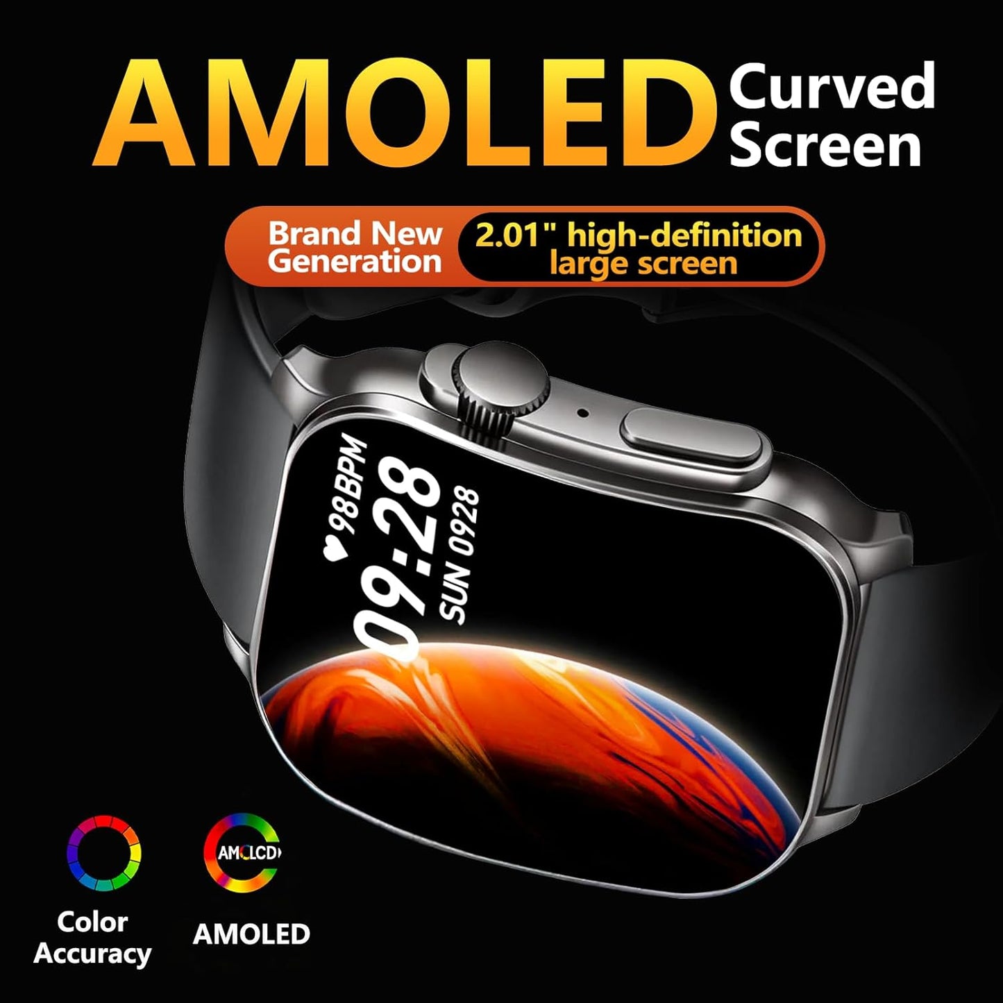 Smart Watch for Men, 2.01" AMOLED Curved Display Fitness Tracker with Answer/Make Calls, 100+ Sport Modes, Fitness Watch with 24/7 Heart Rate/Sleep Monitor/Pedometer, IP68 Waterproof, for Android iOS