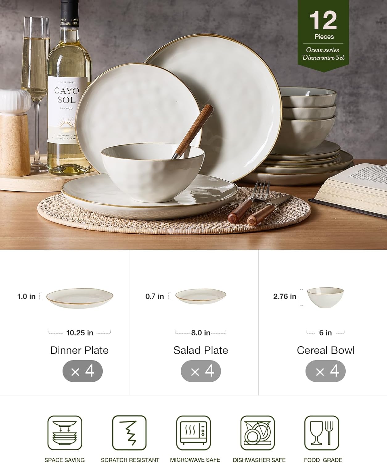 Famiware Dinnerware Sets for 4, Ocean Round 12-Piece Kitchen Plates and Bowls Sets, Microwave and Dishwasher Safe, Scratch Resistant, Vanilla White