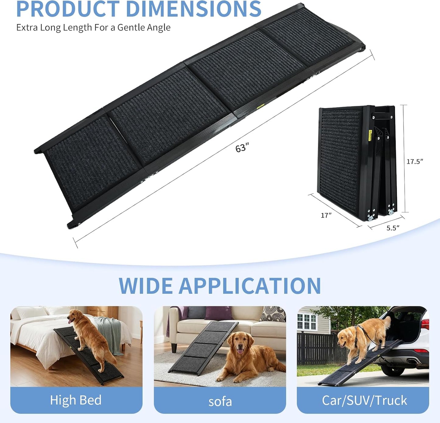 Dog Ramp for Car, SUV & Truck - 63" Long & 17" Wide Portable Folding Pet Ramp with Non-Slip Rug Surface, for Large Dogs Up to 250LBS