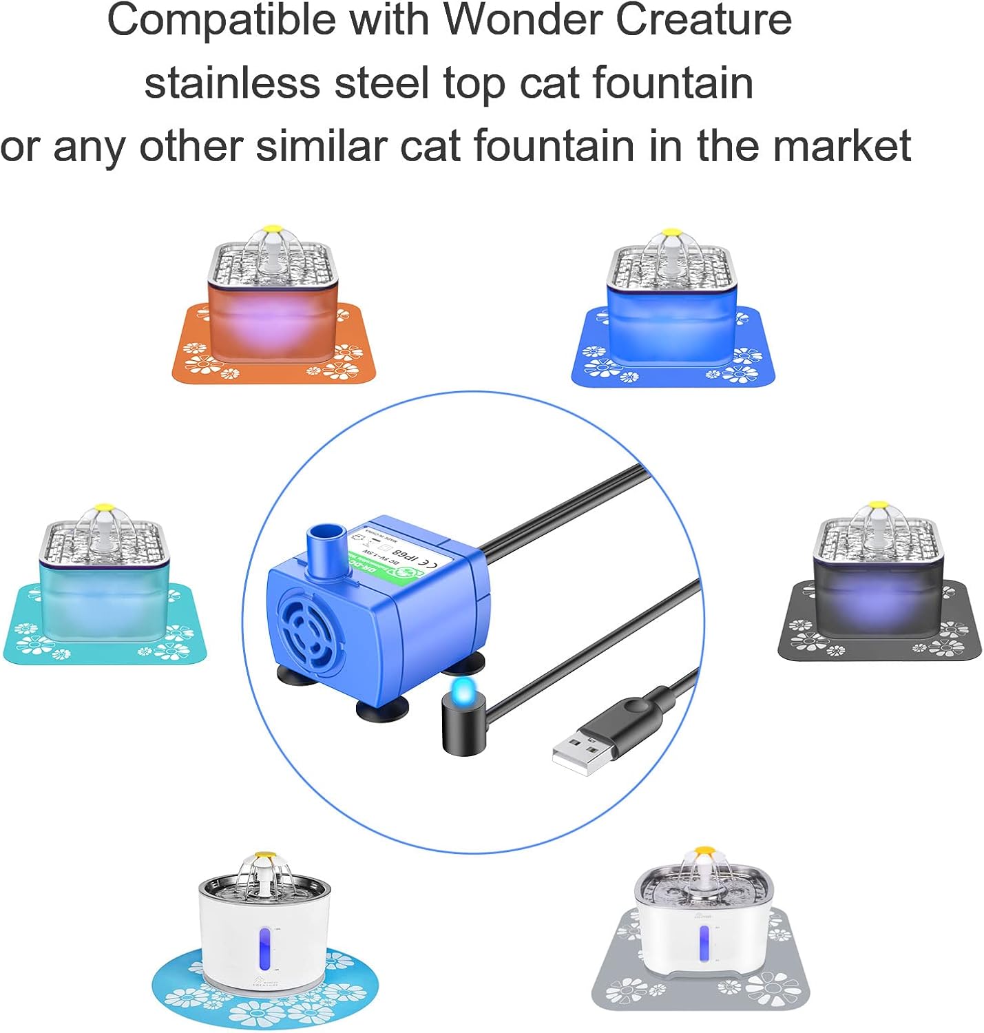 Cat Fountain Pump Replacement, Upgraded Cat Water Fountain Pump for Round and Cubic Cat Fountain (the adapter is not included)