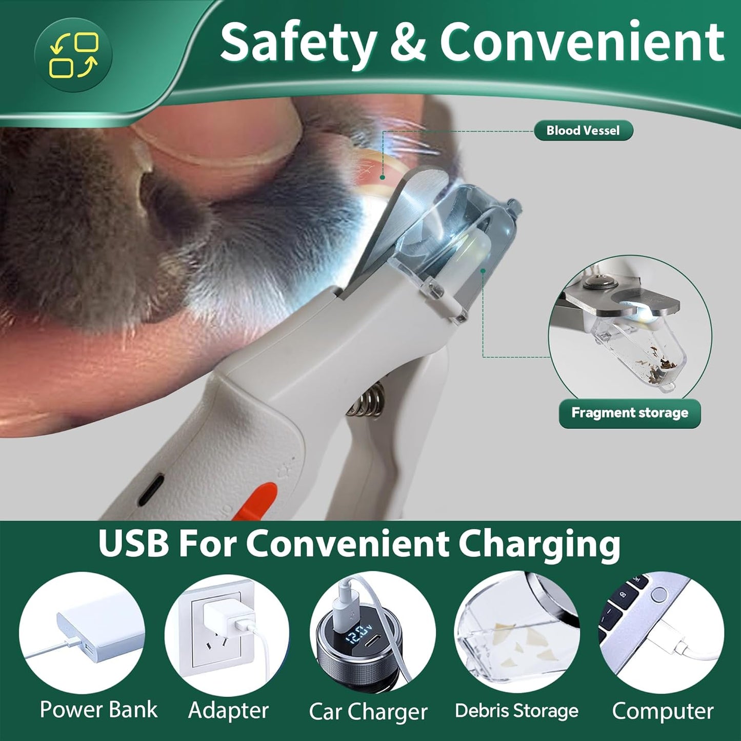 2-in-1 Cat Nail Clippers & Dog Nail Clippers Trimmers for Large Medium Small Dogs Cats Claw Trimmer Quick Sensor and Safety Guard USB Rechargeable with 2 LED Lights Dogs Nail Trimmer