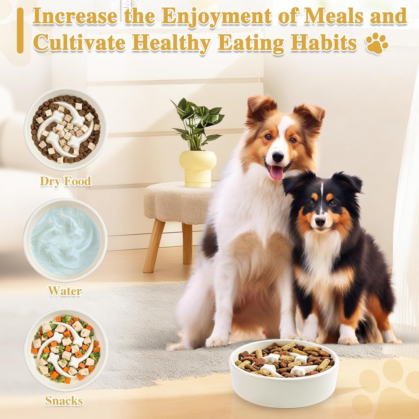 Ceramic Slow Feeder Dog Bowls, 1 Cups Dog Food Dish for Small and Medium Breed, Puzzle Dog Food Bowl for Fast Eater, 15OZ, 6.3 inch(Beige)