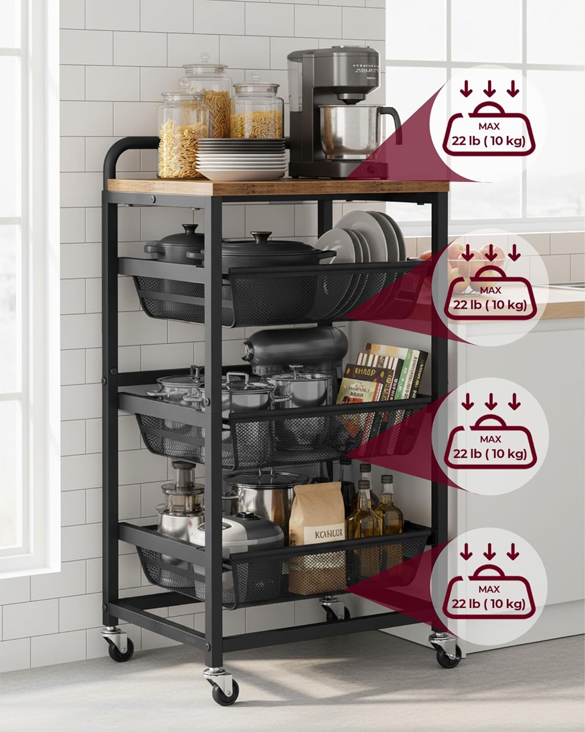 VASAGLE Storage Rolling Cart with Pull-Out Baskets, 4-Tier Utility Cart Orgnizer with Wheels for Laundry Room, Kitchen, Handle, 12.5 x 15.8 x 29.9 Inches, Rustic Brown and Ink Black ULRC040K01