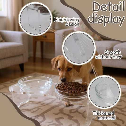 Geyecete Acrylic Dog Bowl Stand Dog and Cat Bowls Elevated Set with 2 Set Removable Glass Bowls Food and Water Raised Dishes Dog Bowl Elevated