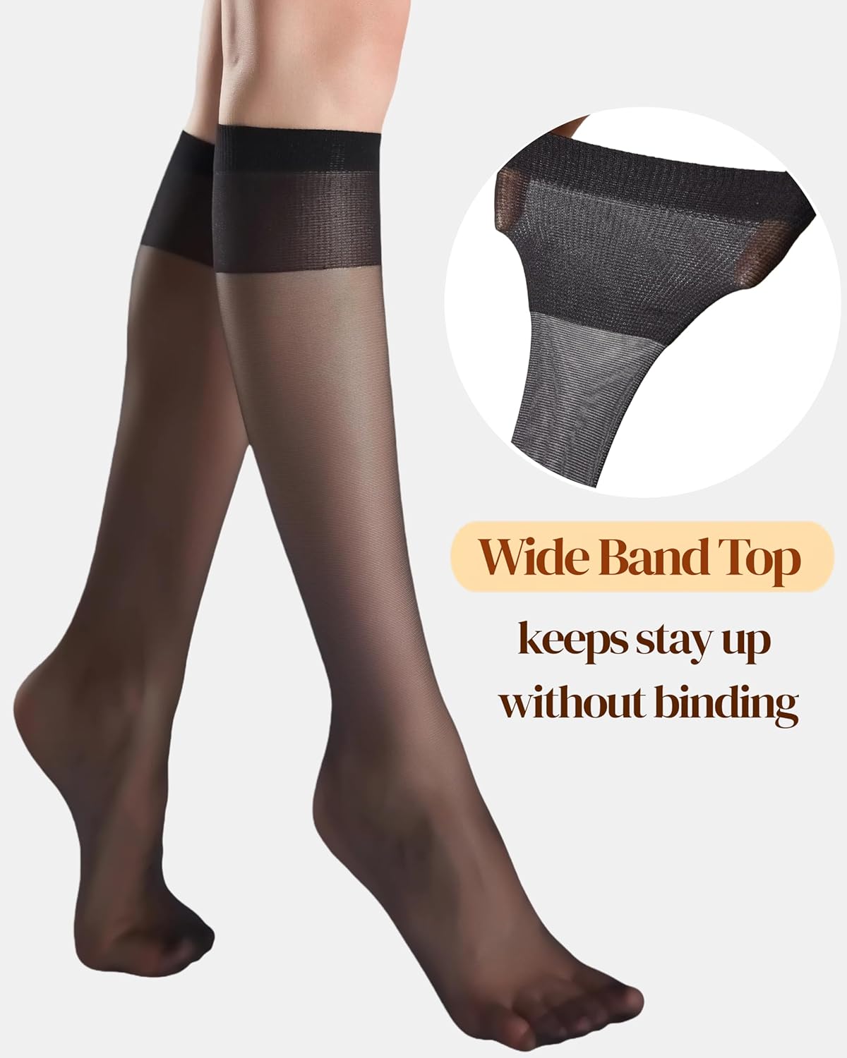 leg elegant Sheer Knee High Stockings for Women, 6 Pairs Knee High Reinforced Toe Nylons Pantyhose for Women