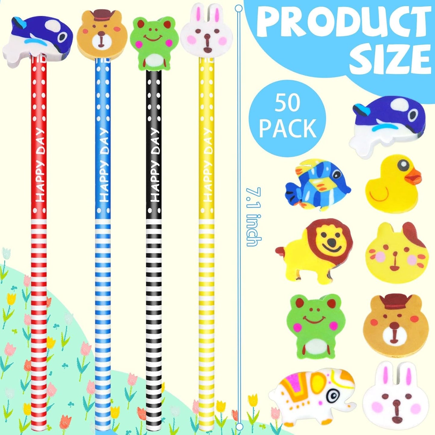 50 Pack Cartoon Animal Pencil With Erasers Toppers,Number 2 Fun Pencils For Kids,Bulk Party Favor Supplies for Classroom Novelty Design Birthday Gift (Multicolor)