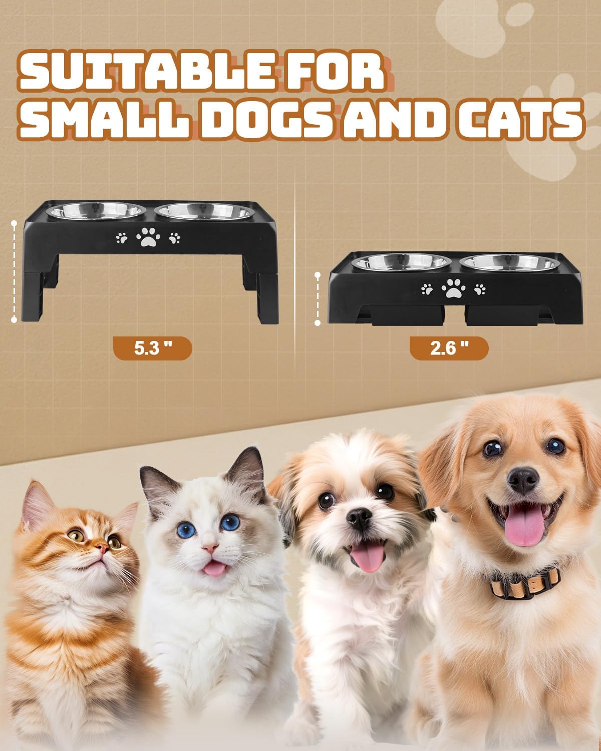 Elevated Dog Bowls for Small Dogs and Cats, Non-Slip Cat Bowls with 2 Thick 5.5" Stainless Steel Dishes, Dog Feeder 2 Heights Adjustable to 2.6"-5.3"