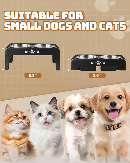 Elevated Dog Bowls for Small Dogs and Cats, Non-Slip Cat Bowls with 2 Thick 5.5" Stainless Steel Dishes, Dog Feeder 2 Heights Adjustable to 2.6"-5.3"