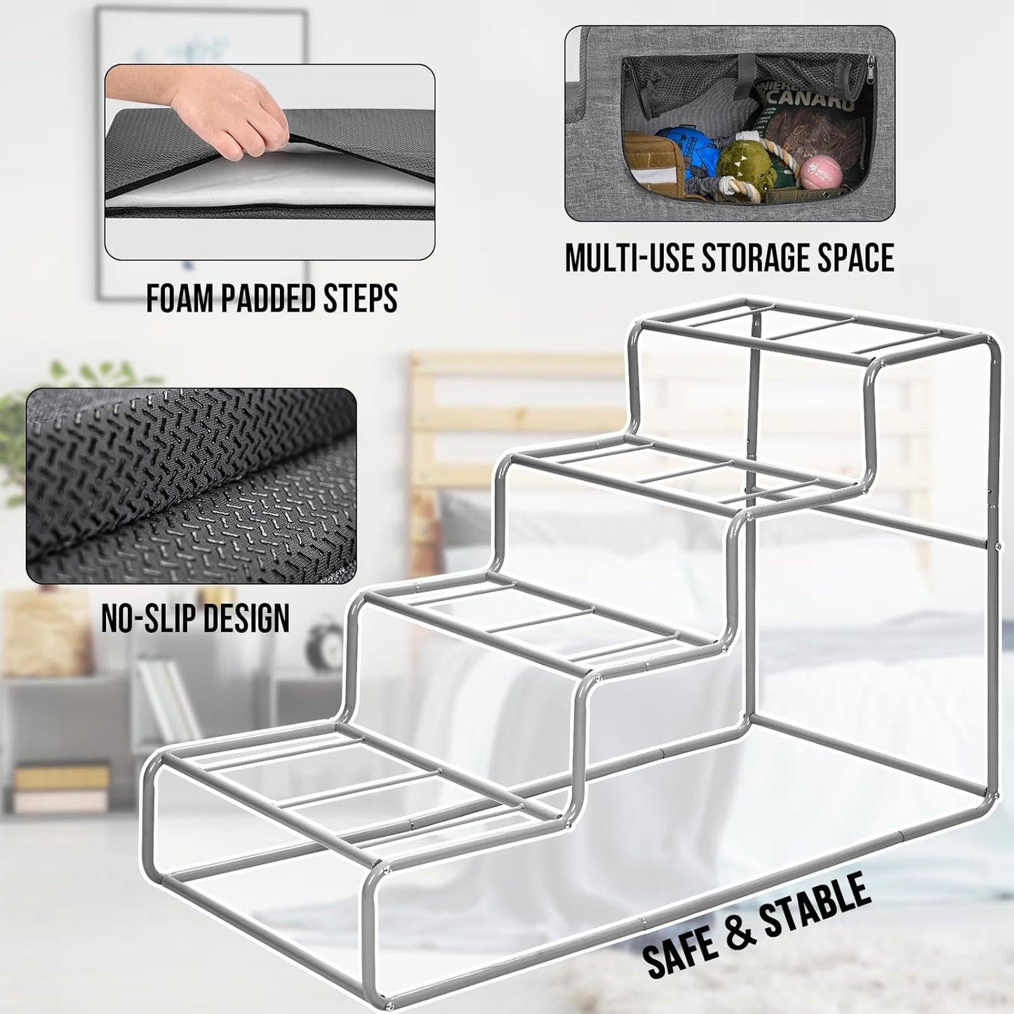 OneTigris Dog Stairs for Small Dogs, 4-Step Dog Ramp for Bed 22.5" H, Dogs Steps for Bed, Couch, Pet Stairs with Non-Slip Bottom Design, Cat Scratching, Pet Steps, Indoor, Grey