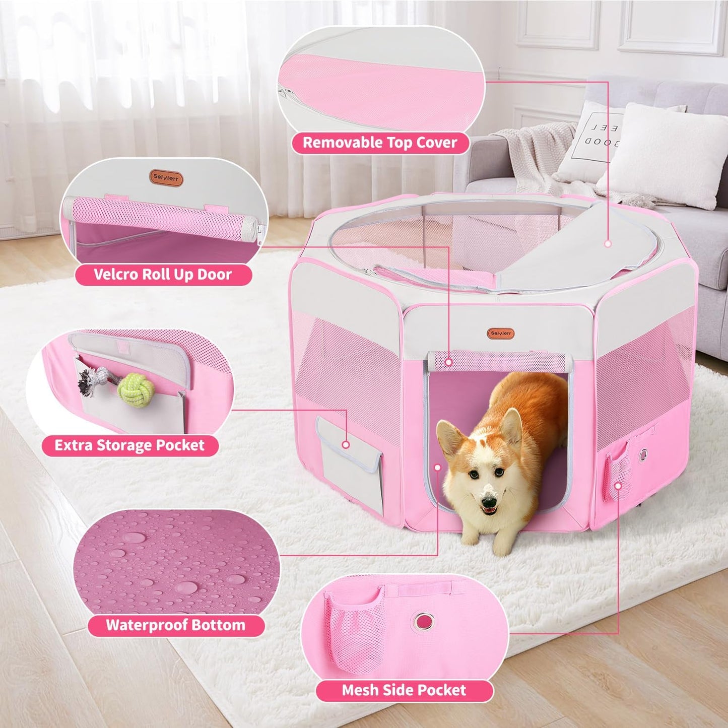Dog Playpen, Portable Pet Play Pen Foldable Carrying Case, Puppy Pens Outsid for Small Cat Indoor/Outdoor, Removable Mesh Shade Cover