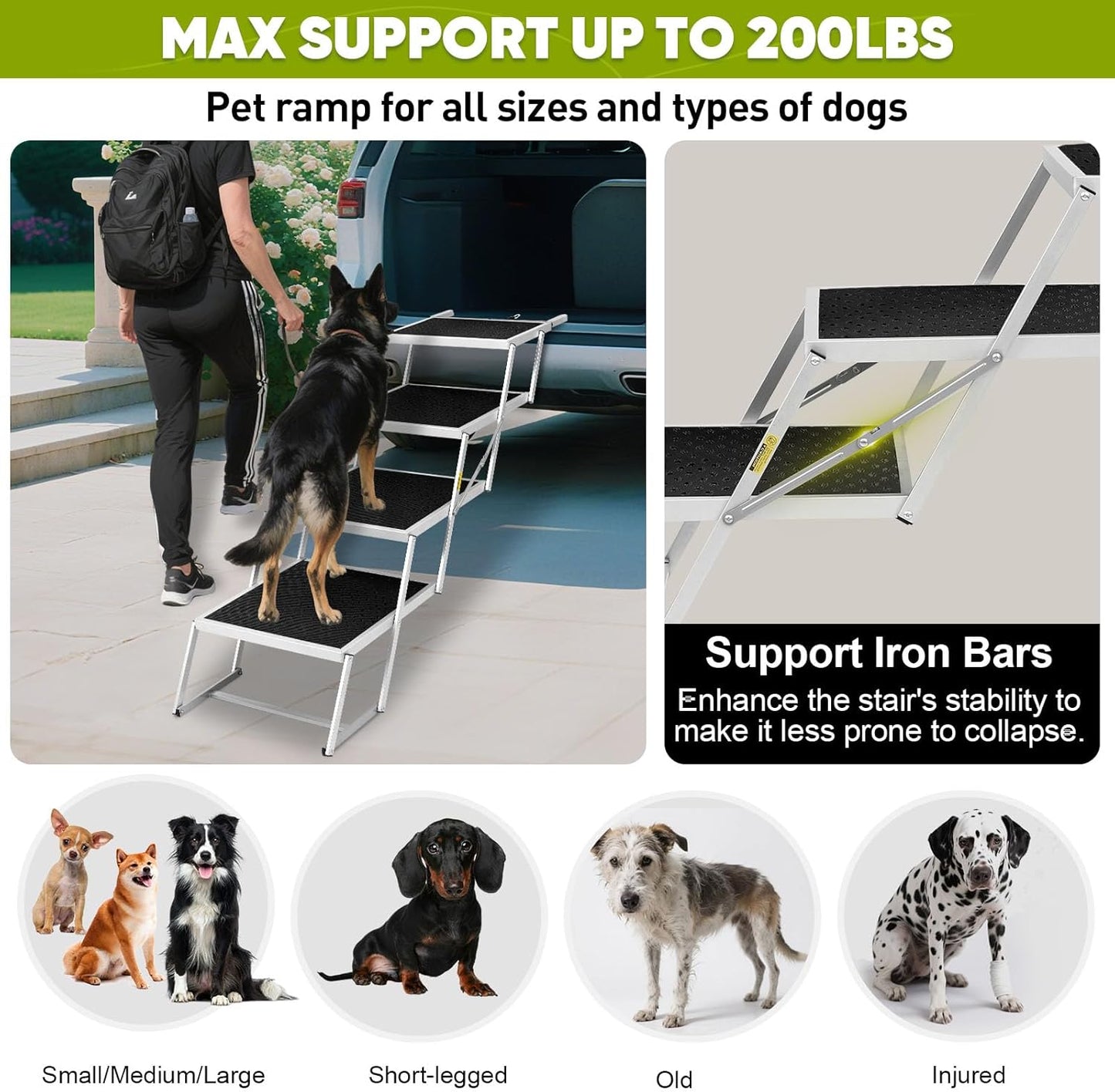 Joyrally Extra Wide Dog Stairs for Large Dogs,Foldable Dog Ramp for Car, Pet Steps Light Weight Aluminum,High Beds,for SUV Trucks, Supports up to 200 lbs (for The Trunk of The Car Only)