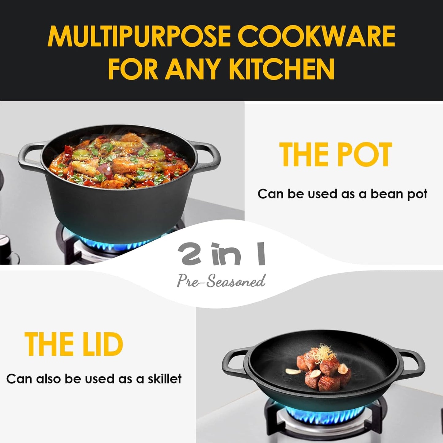2-in-1 Pre-Seasoned Cast Iron Dutch Oven Pot with Skillet Lid Cooking Pan, Cast Iron Skillet Cookware Pan Set with Dual Handles, Indoor Outdoor for Bread/Frying/Baking/Camping/BBQ, 5 Qt