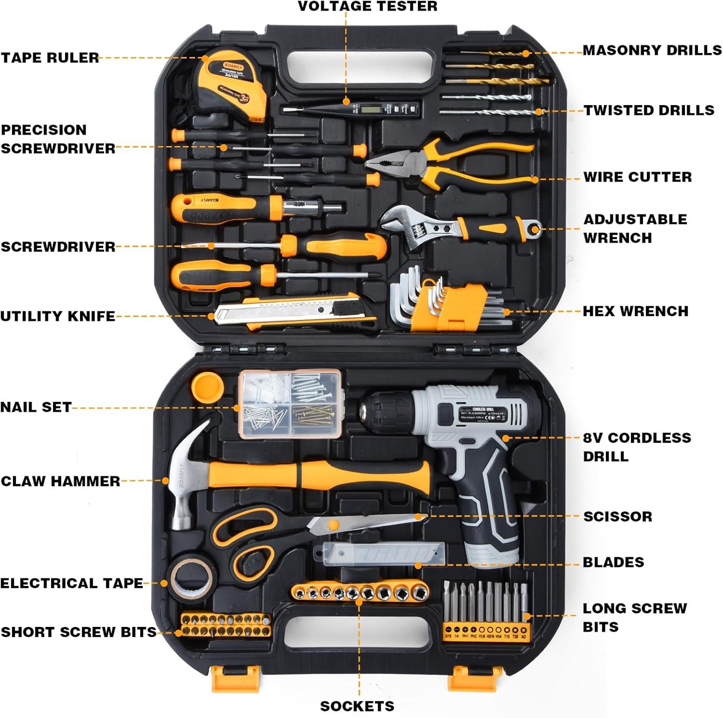 Upgradd 180 Piece Tool Set - Tool Box with 8V Cordless Drill, Hand Drill Set for Men & Women, Home Tool Kit with Hand Tools for House Repair, DIYers, Homeowners & Handymen