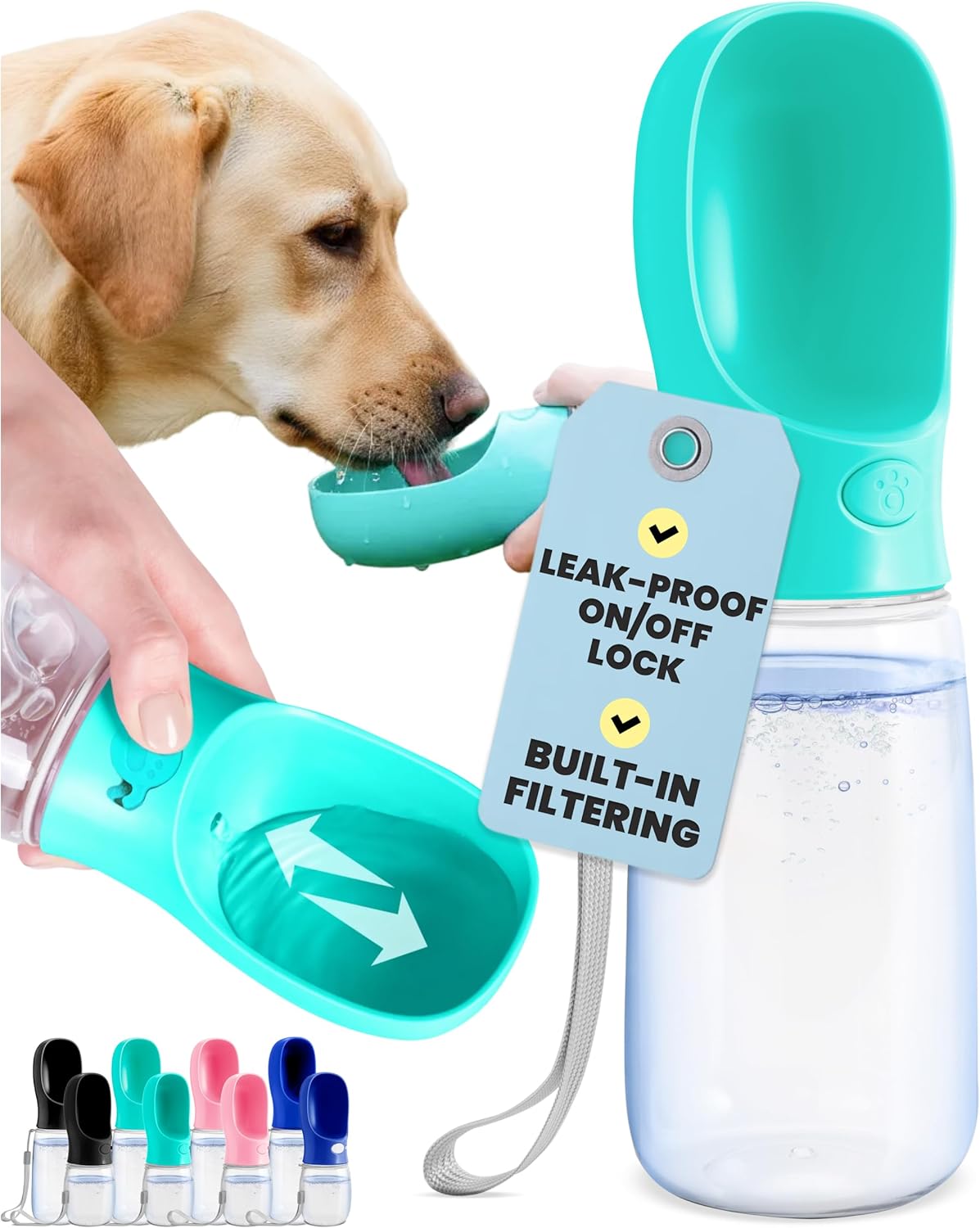 MalsiPree Portable Dog Water Bottle - 19 Oz, Blue - Leak-Proof Water Bowl Dispenser with Lock for Hiking, Travel & On-The-Go