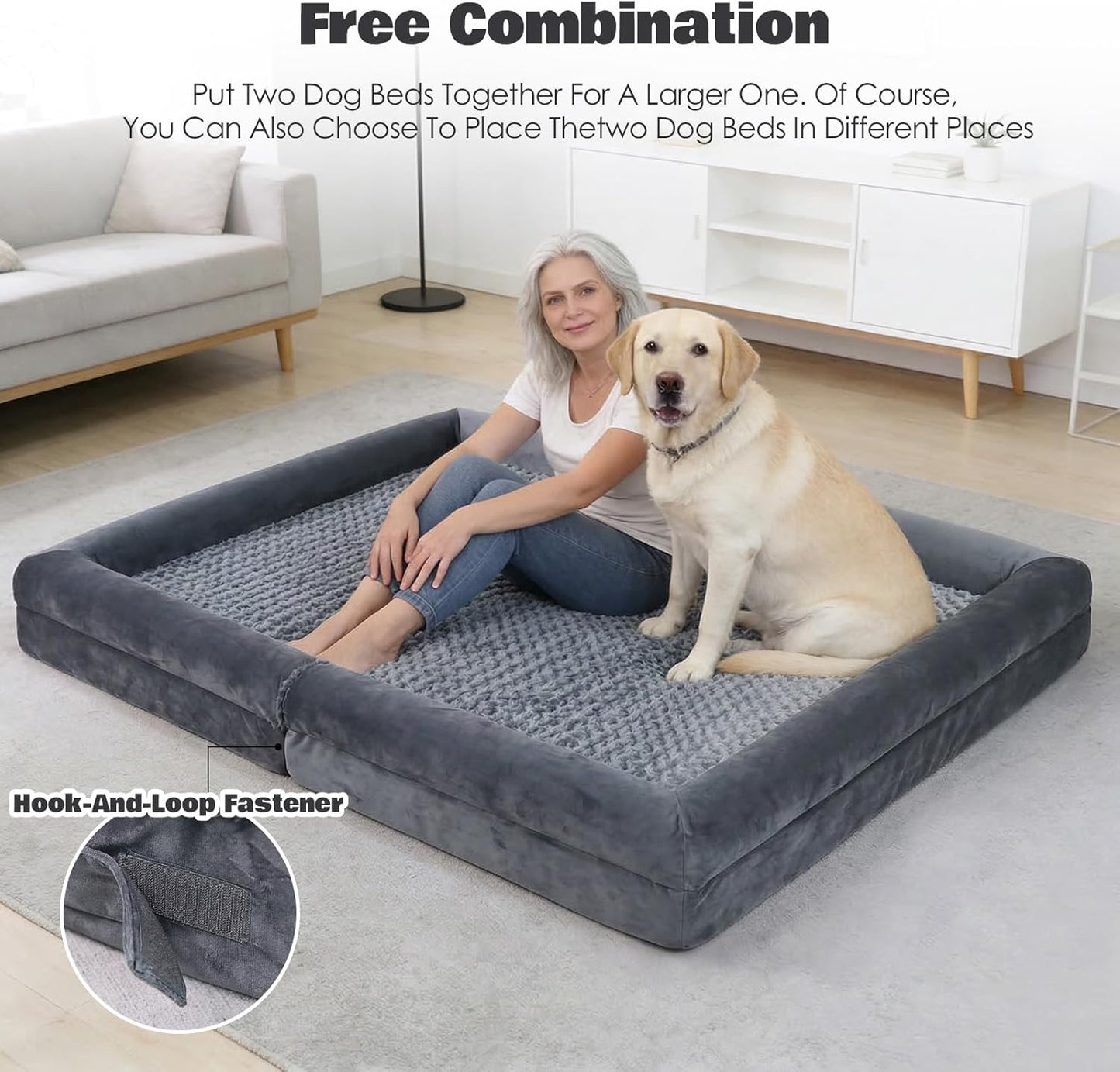 2 Pcs 54 inch Large Dog Bed Orthopedic Dog Bed for Medium Large Dogs Washable Rose Velvet Cover Waterproof Lining Composable Human Dog Bed (Dark Grey)
