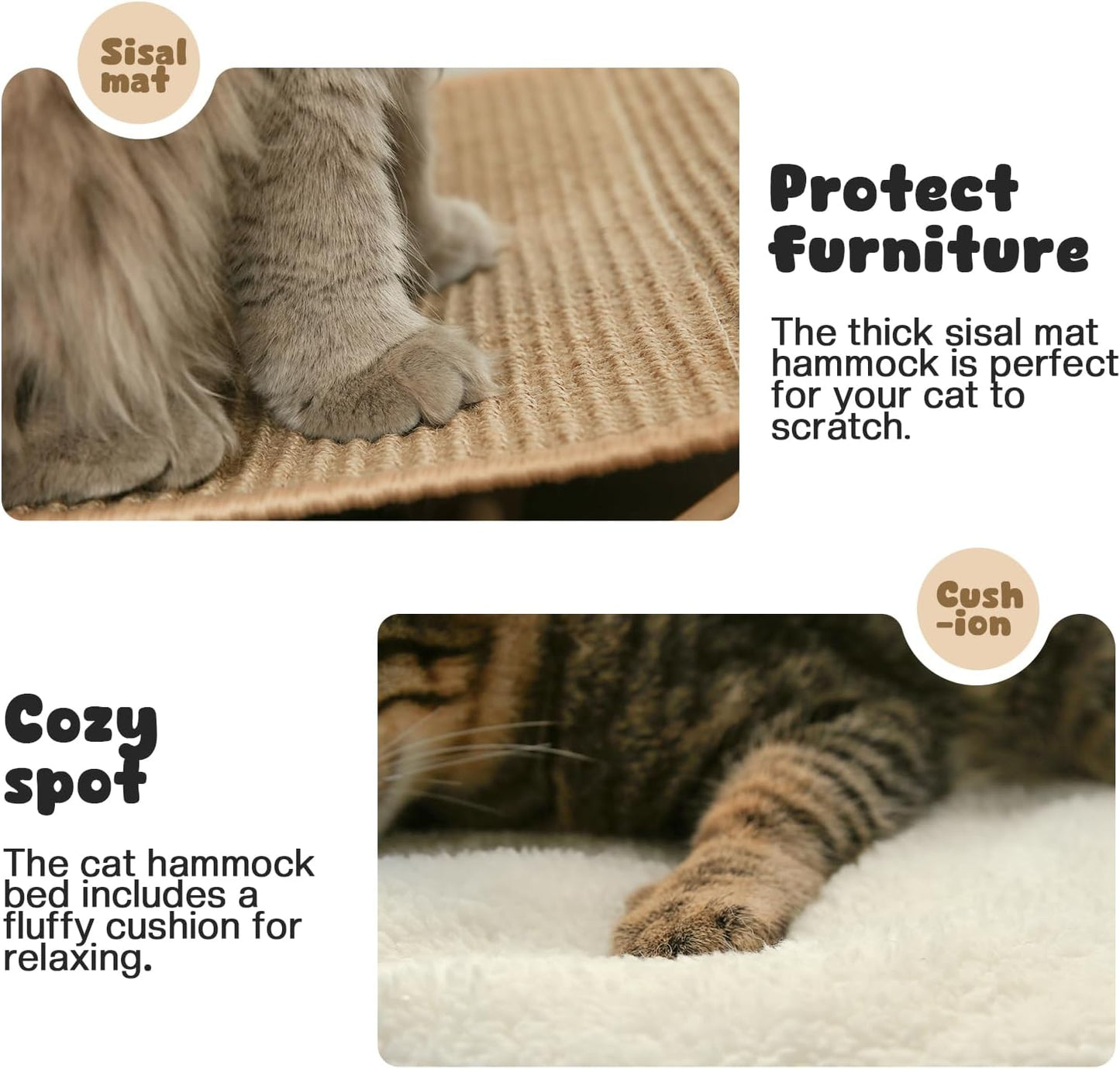 Cat Hammock Bed, Wooden Elevated Cat Beds with Natural Sisal Scratching Mat, Cats Scratcher Bed with Removable Soft Cushion, Cats Scratching Beds with Wood Frames, 22" L x 17.7" W