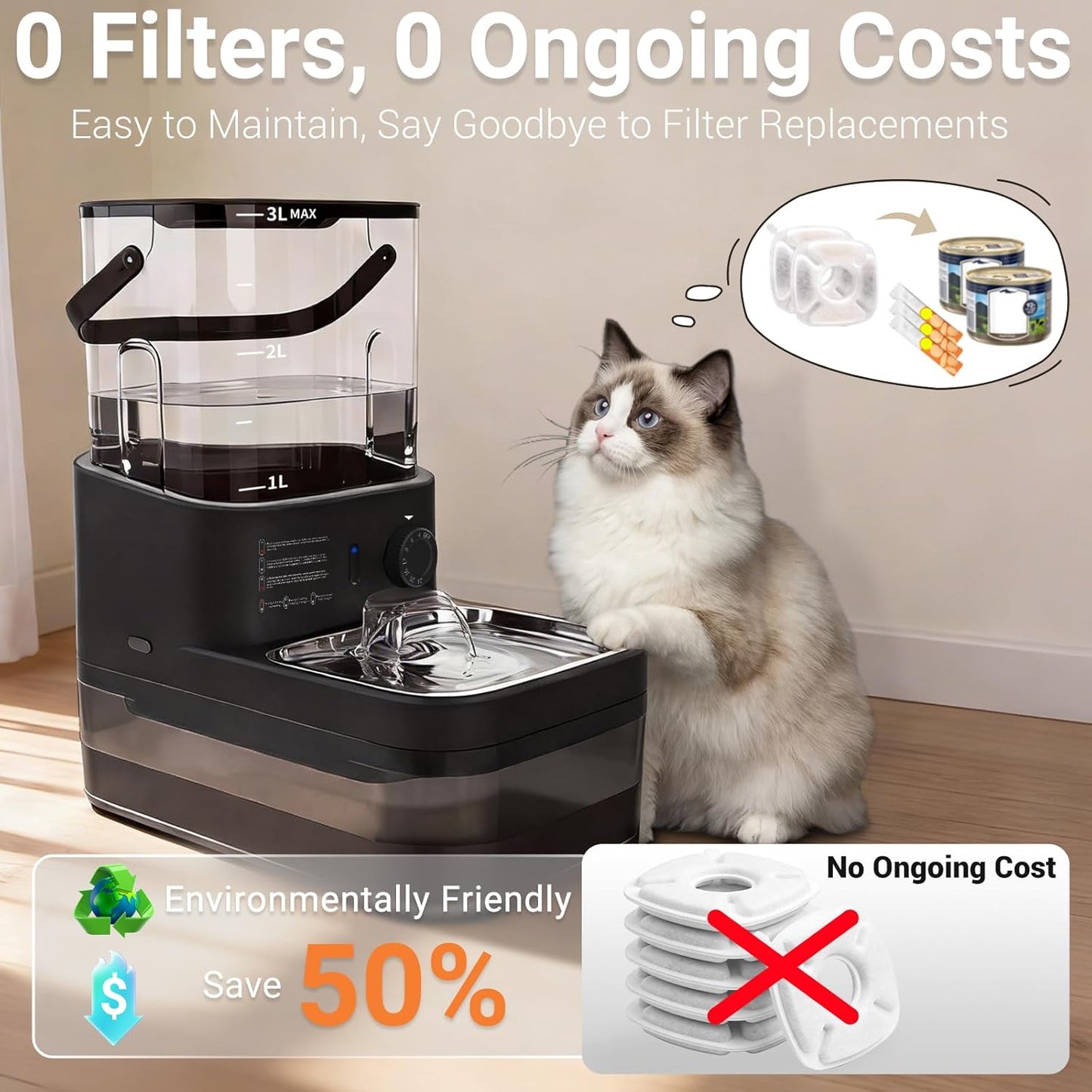 Filterless Cat Water Fountain 3L, Wireless Motion Sensor Cat Water Fountain with 4000mAh Battery, Stainless Steel Cat Bowls, Water Fountain Separate Tanks, Quiet – Black