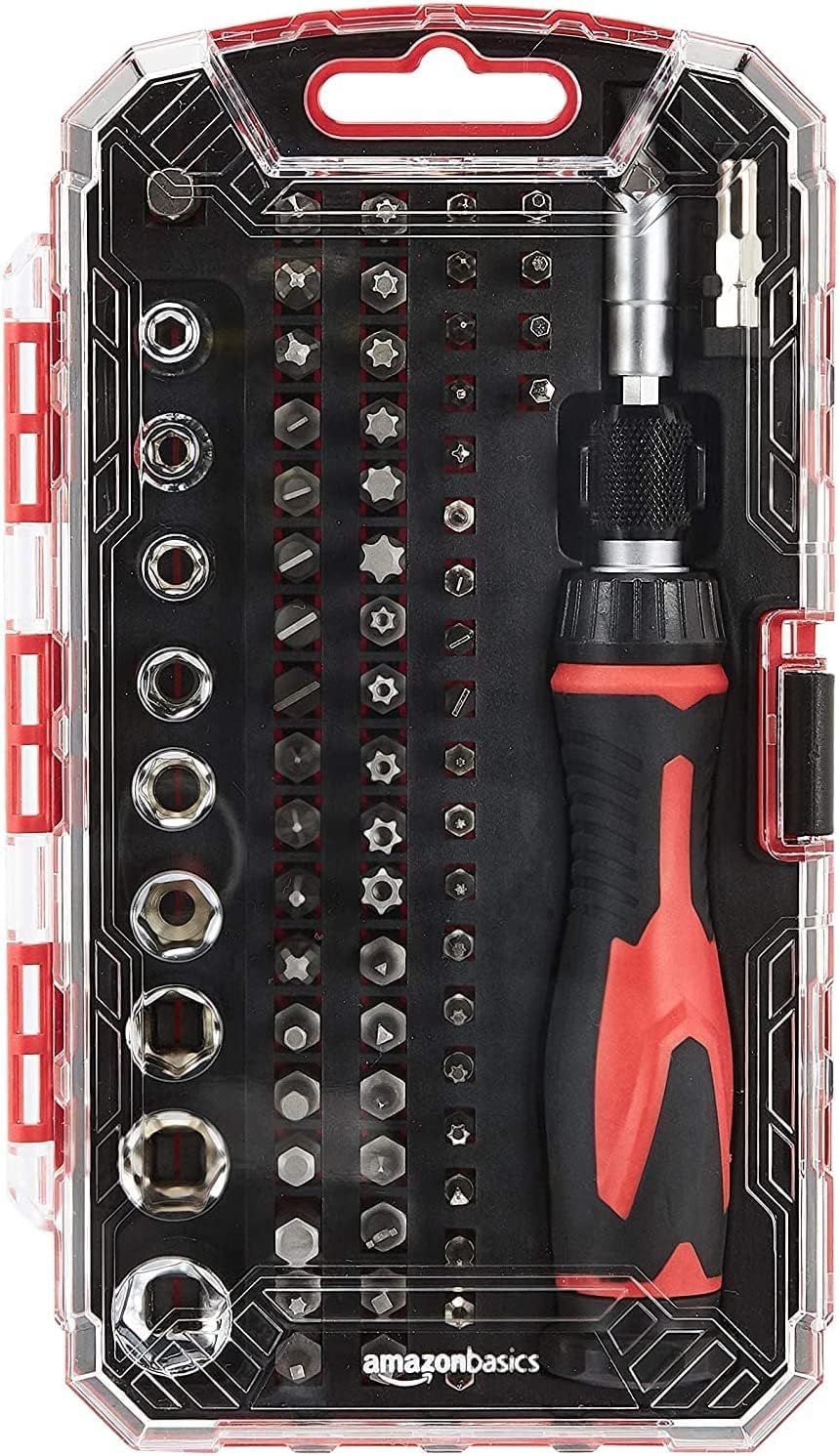 Amazon Basics Magnetic Ratcheting Wrench and Electronics Precision Screwdriver Tool Set, 73-Piece, with Carry Case for Household Repair, Small Jobs, Eyeglasses, Black/Red/Silver