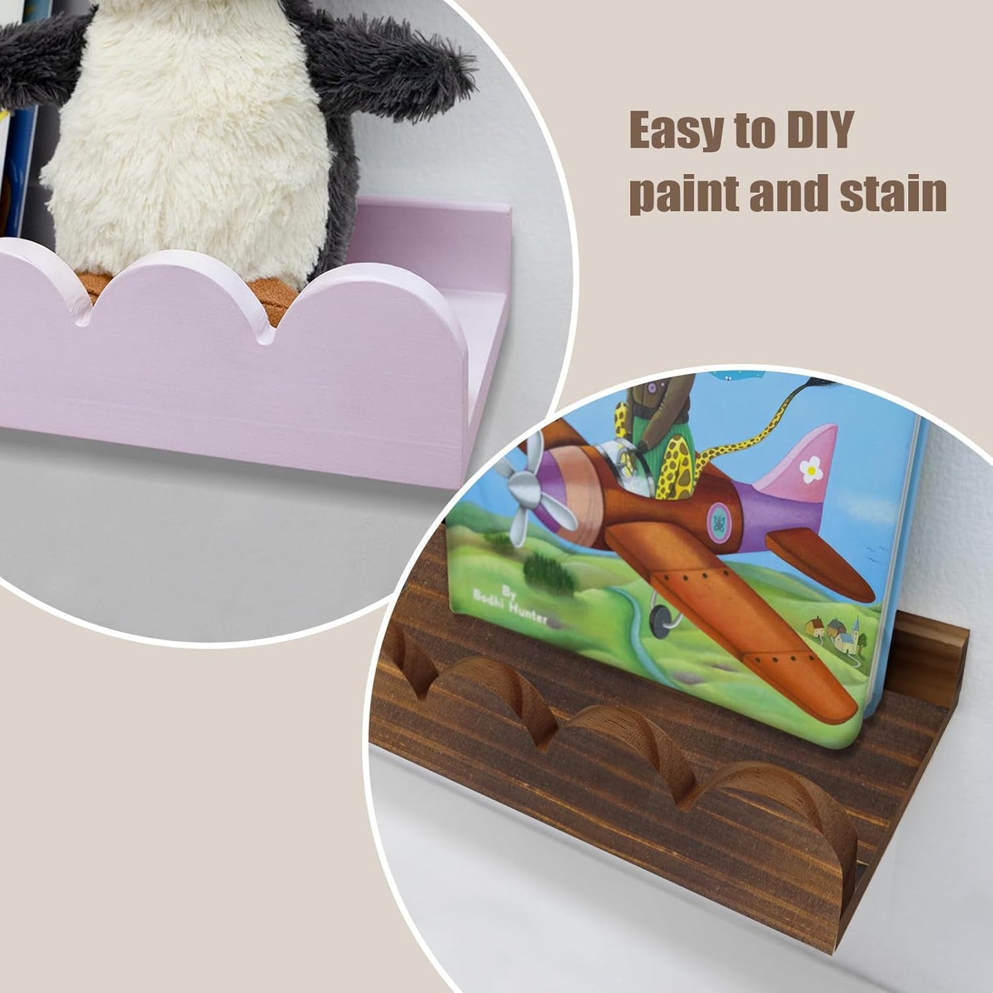Nursery Shelves for Wall with Hooks-Scalloped Wall Book Shelves for Bedroom Kids Set of 3, Nursery Furniture Must Have, 16 Inch, Natural