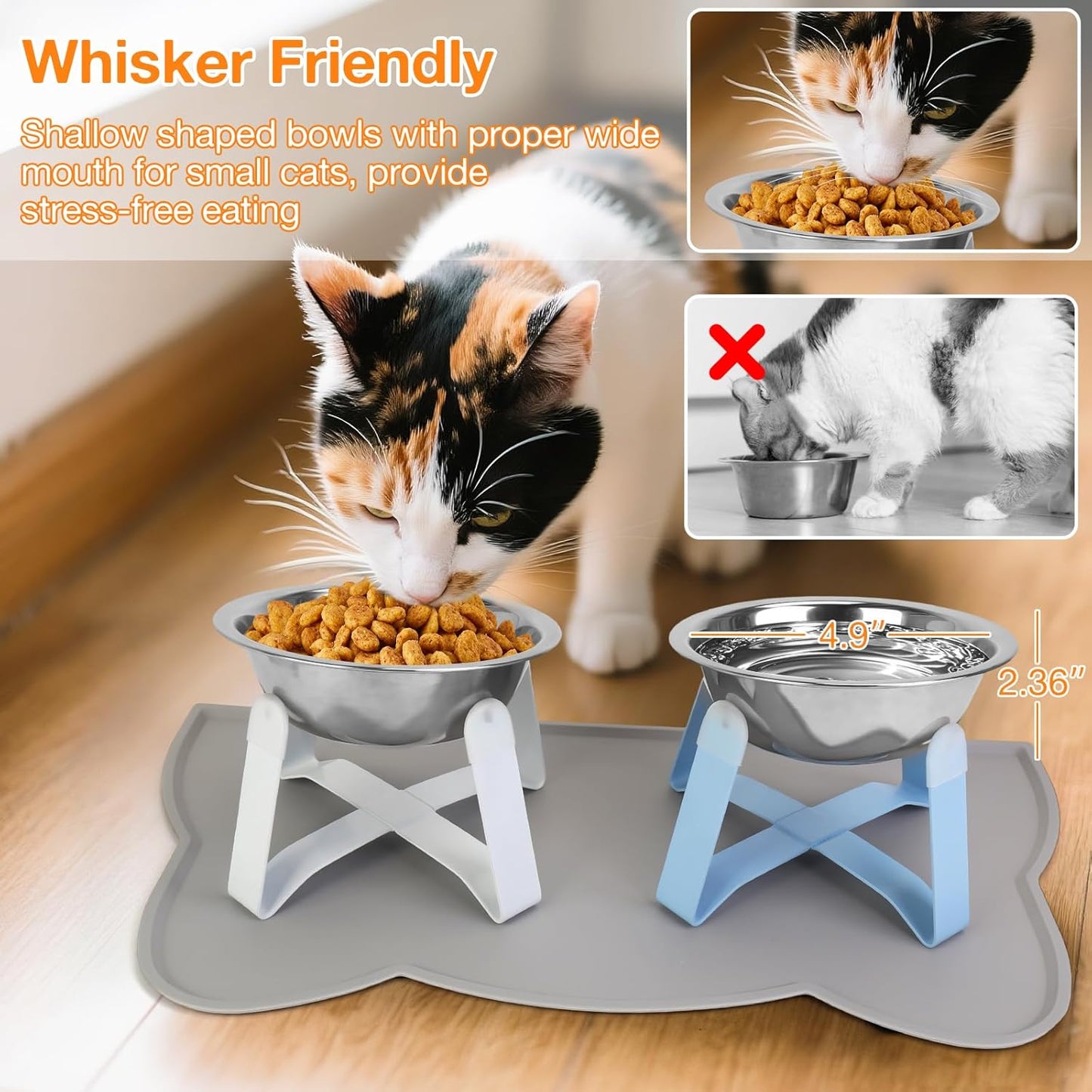 Elevated Cat Bowls, 5.5” Wide Stainless Steel Cat Bowls with Food Mat & Metal Stand, Raised Pet Water Food Feeder with Non-Slip Raised Stand for Cats, Kittens, Puppy, Small Dogs
