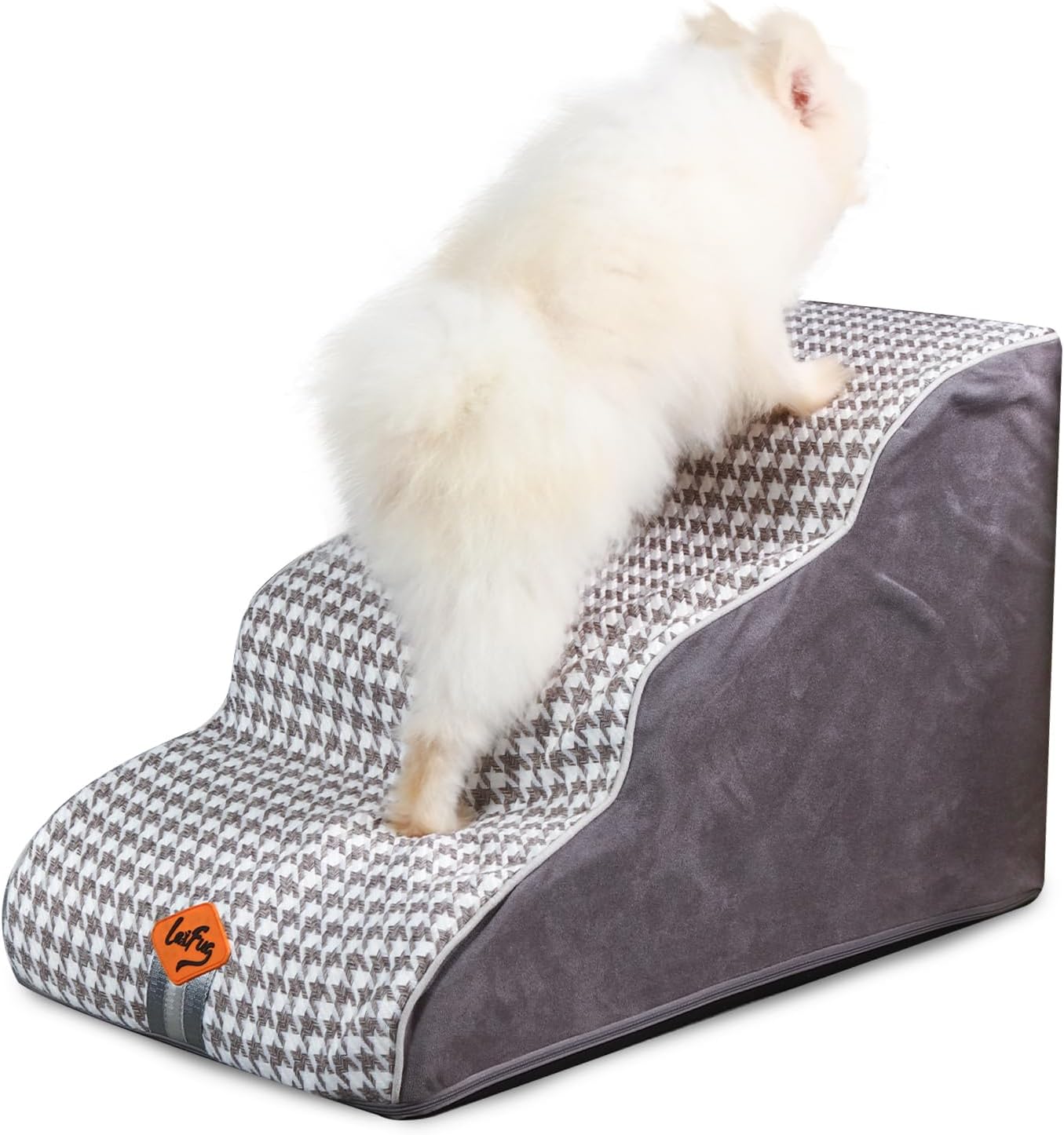 Laifug Curved Dog Stairs for Small Dogs, 3-Step Pet Stairs for High Beds and Couch, Non-Slip Balanced Dog Indoor Step with High Density Foam, Houndstooth Double Layer Dog Staircase