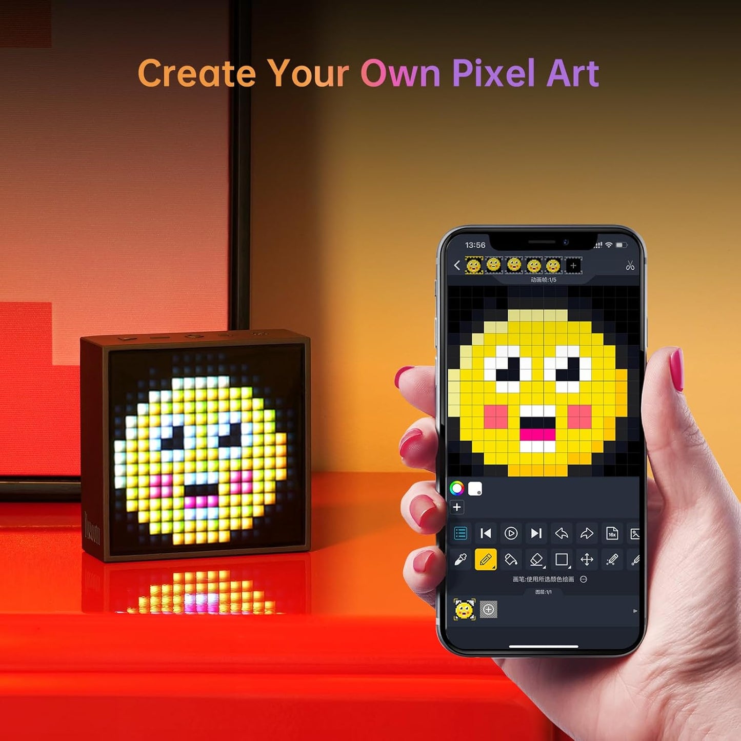 Divoom TimeBox Evo -- Pixel Art Bluetooth Speaker with 16x16 LED Display APP Control - Cool Animation Frame & Gaming Room Setup & Bedside Alarm Clock- Black