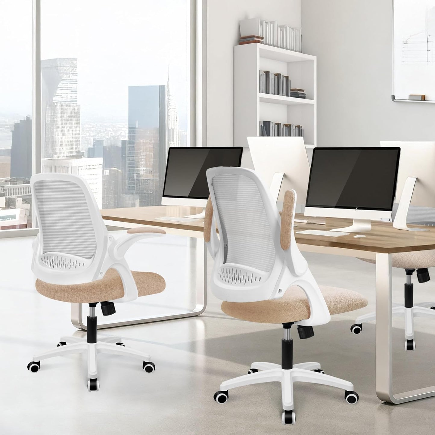 NEO CHAIR Office Desk Computer Gaming Ergonomic Chair with Lumbar Back Support Adjustable Height Swivel Wheels Flip-up Arms Mesh Chair for Home or Office (Beige)
