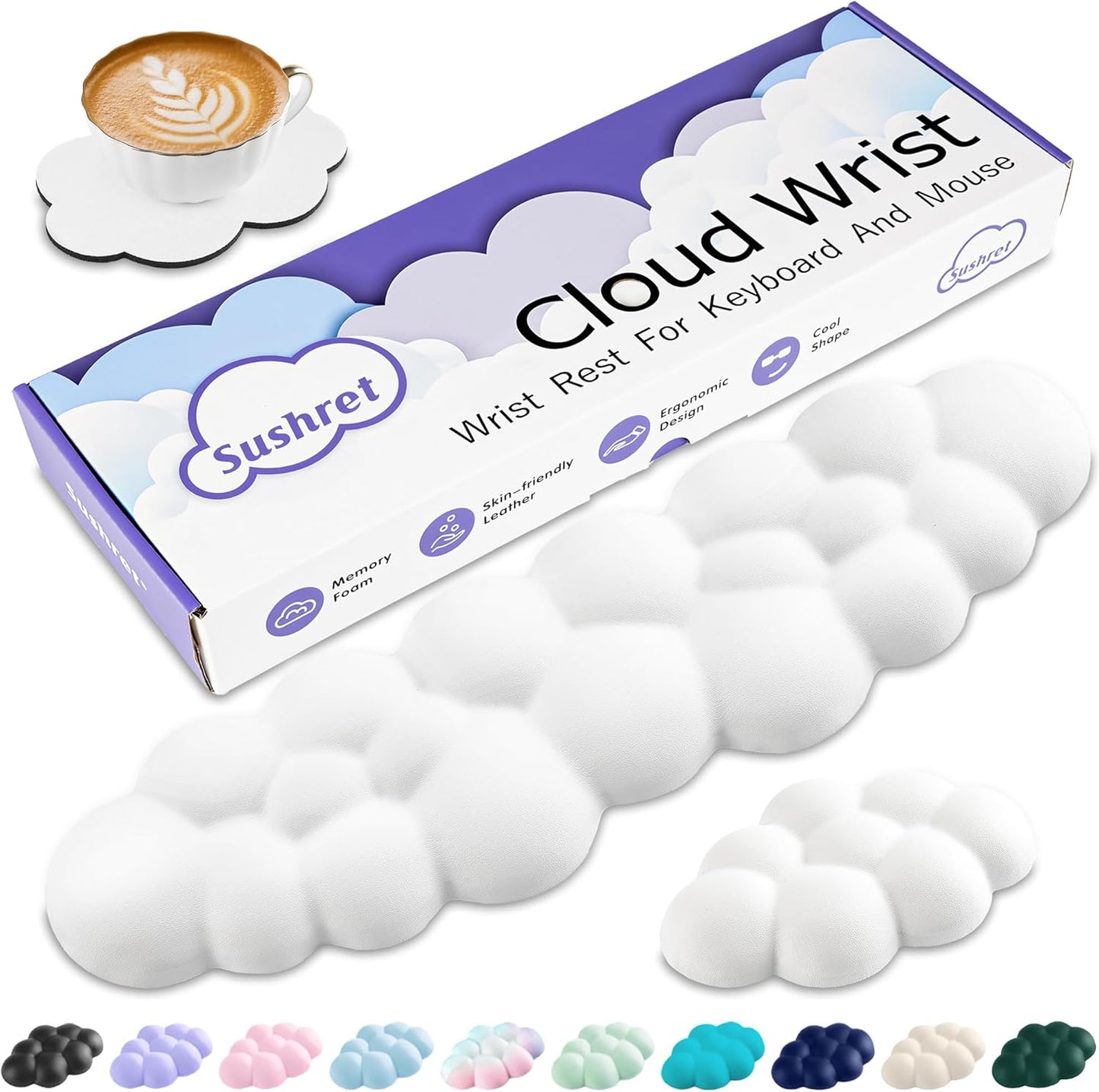 Cloud Wrist Rest Keyboard, Cloud Keyboard Wrist Pad Set with PU Leather Memory Foam, Cute Arm Rest for Palm Support, PC/Gaming Desk Accessories/Office Setup/Computer Hand Cushion - White