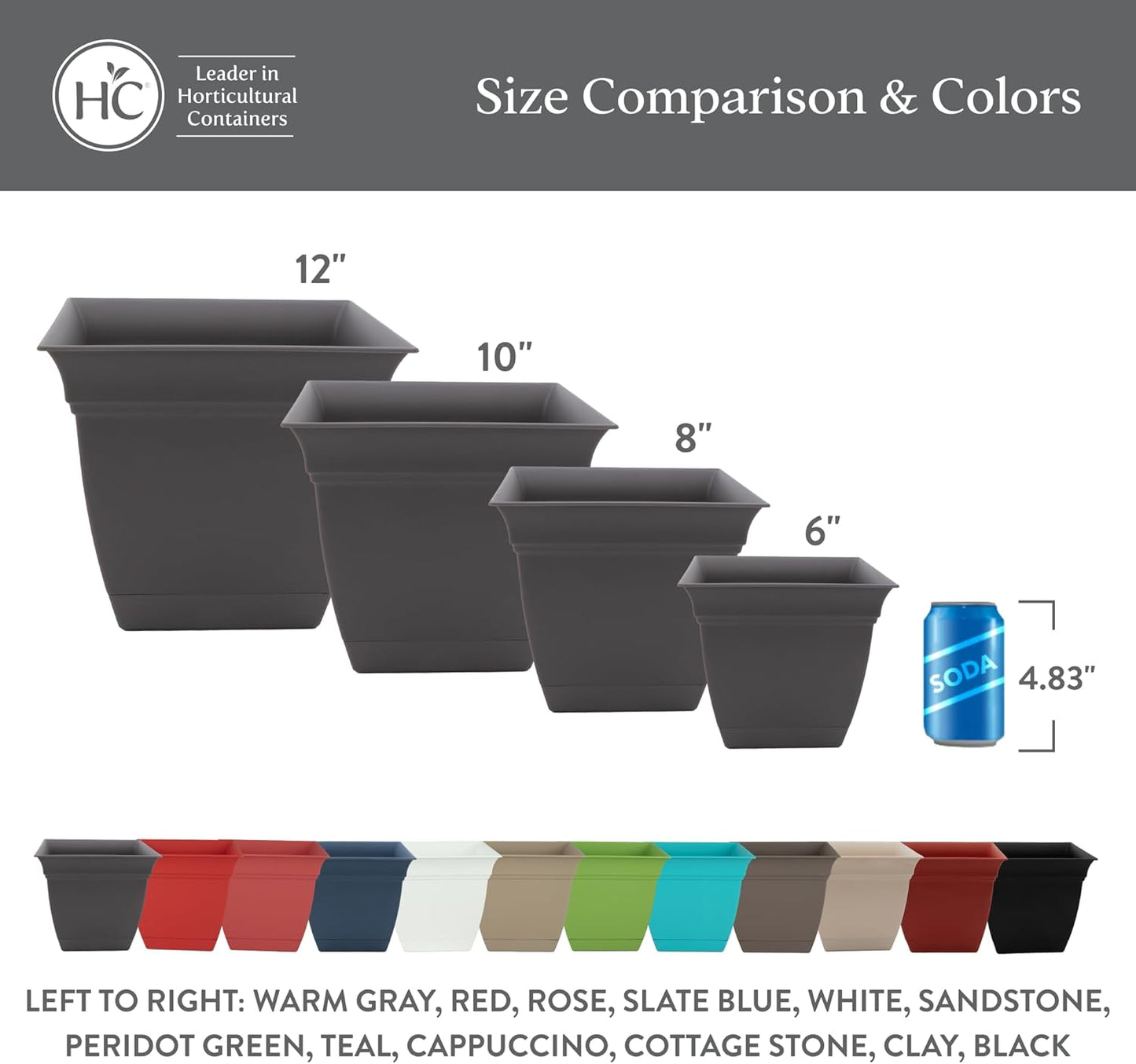 The HC Companies 12 Inch Eclipse Square Planter Pots with Drainage Holes & Attached Saucer, Lightweight UV-Resistant Plastic Indoor Outdoor Planters, 2-Pack Flower Pots for Garden & Home Decor, Black