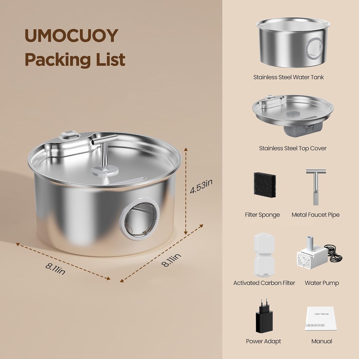 Cat Water Fountain Stainless Steel: 2.6L Cat Fountain for Drinking - Pet Water Fountain for Cats Indoor - Automatic Pet Water Dispenser Bowl - Best Auto Feeding Supplies Gift for Small Dog Large Kitty