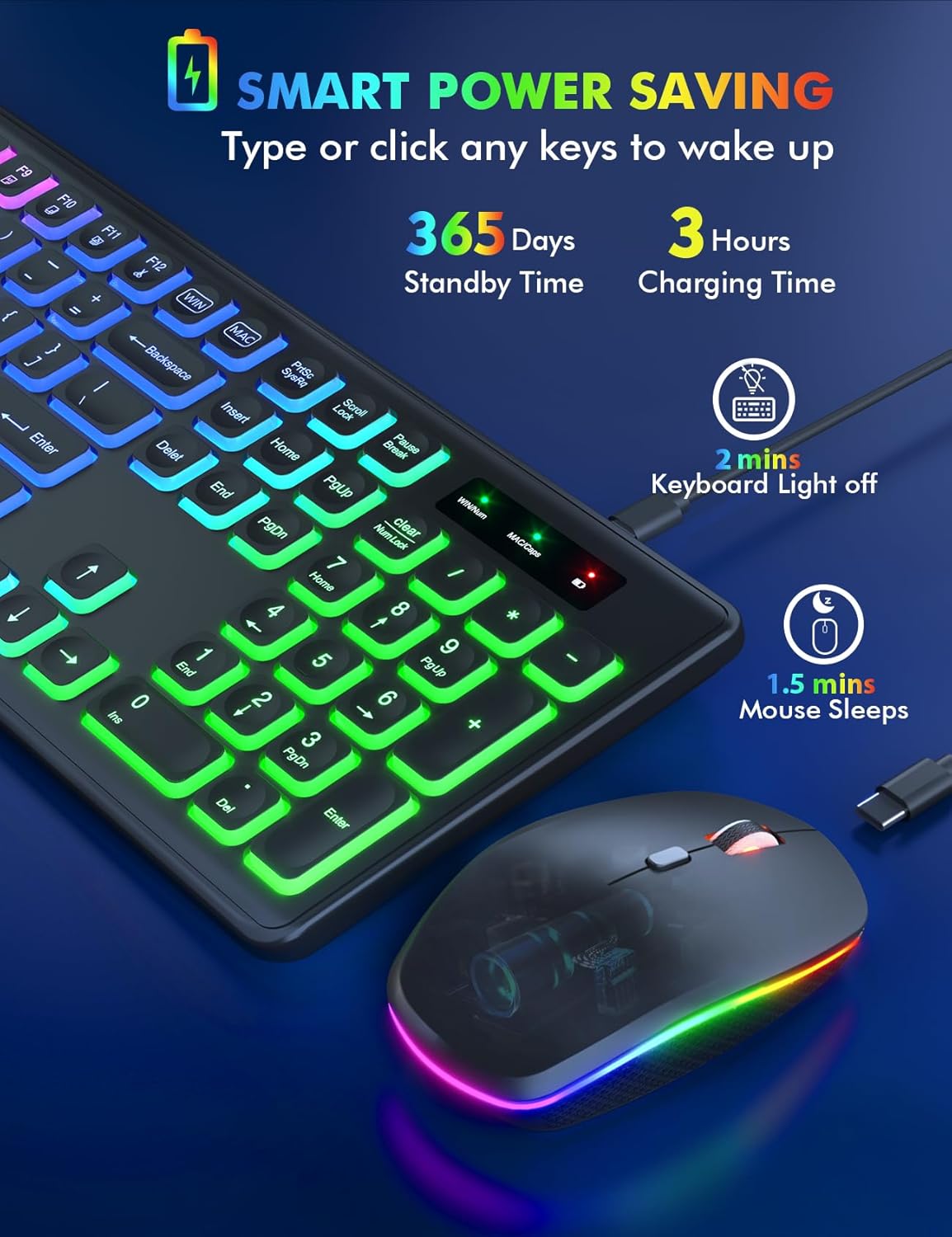 Wireless Keyboard and Mouse Combo, RGB Backlit, Rechargeable & Light Up Letters, Full-Size, Soft Typing, Sleep Mode, 2.4GHz Quiet Keyboard Set for Mac, Windows, Laptop, PC, Trueque KM42Pro (Black)