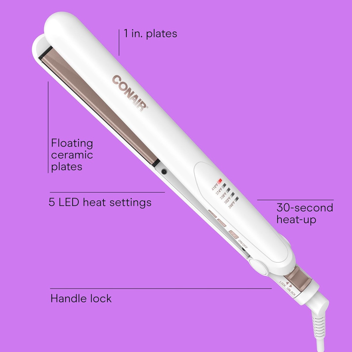 Conair Double Ceramic Flat Iron, 1-Inch Flat Iron Hair Straightener with Claw Clip, 5 Heat Settings, Extra-Long Floating Plates, White