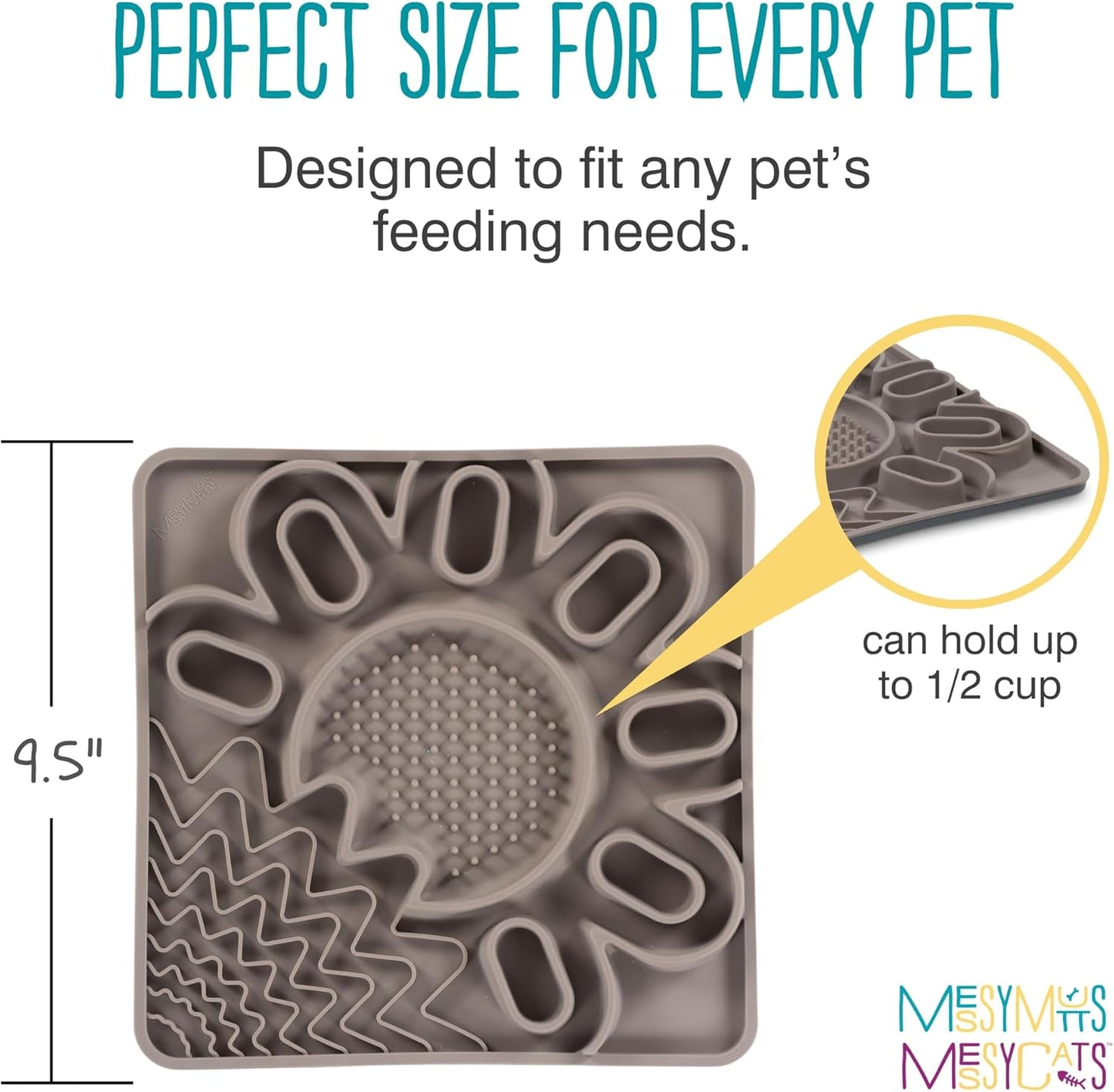 Messy Mutts and Cats Framed Silicone Multi-Surface Lick Mat | 9.5” x 9.5“ | Slow Feeder Mat for Boredom & Anxiety | Interactive Lick Pad for Dogs and Cats | Grey