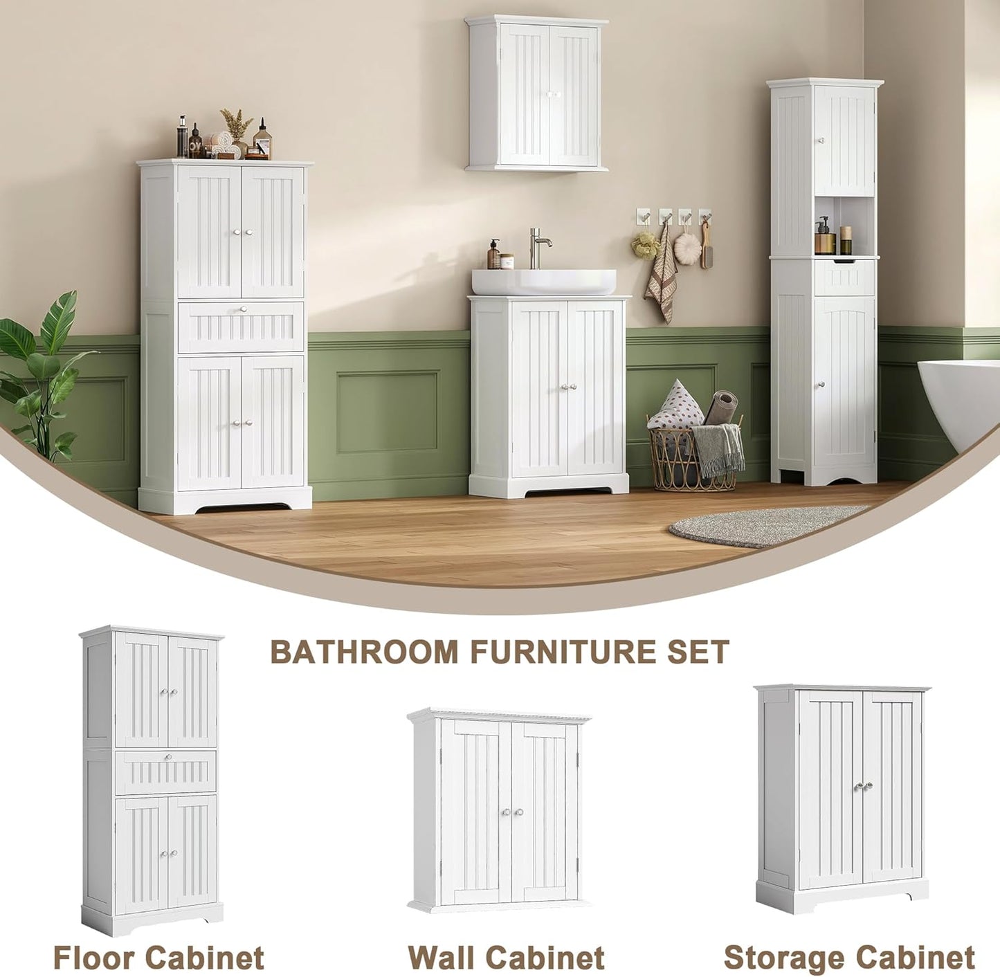 ChooChoo 51" H Tall Bathroom Floor Cabinet, Modern Bathroom Storage Cabinet with Drawer and Adjustable Shelves, Freestanding Kitchen Pantry Cupboard with 4 Doors for Living Room, White