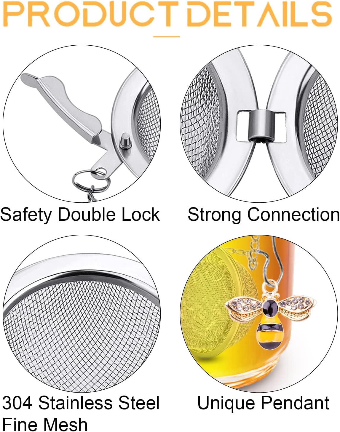Handmade Tea Ball Infusers - 2pcs, Honey Bee Strainers with Bee Charm Pendant for Loose Leaf Tea