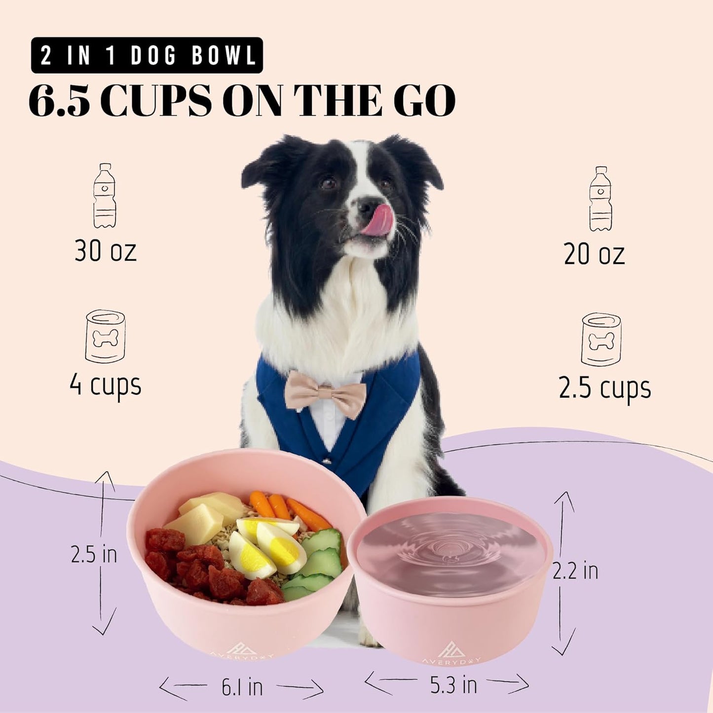 AVERYDAY 50 Oz Travel Dog Bowls with Lids, 2-in-1 Portable Pet Bowls for Food and Water, Leakproof Travel Dog Food & Water Bowl for Outdoor, Camping, Travel Dog Feeding Bowl, Daycare Pet Bowls