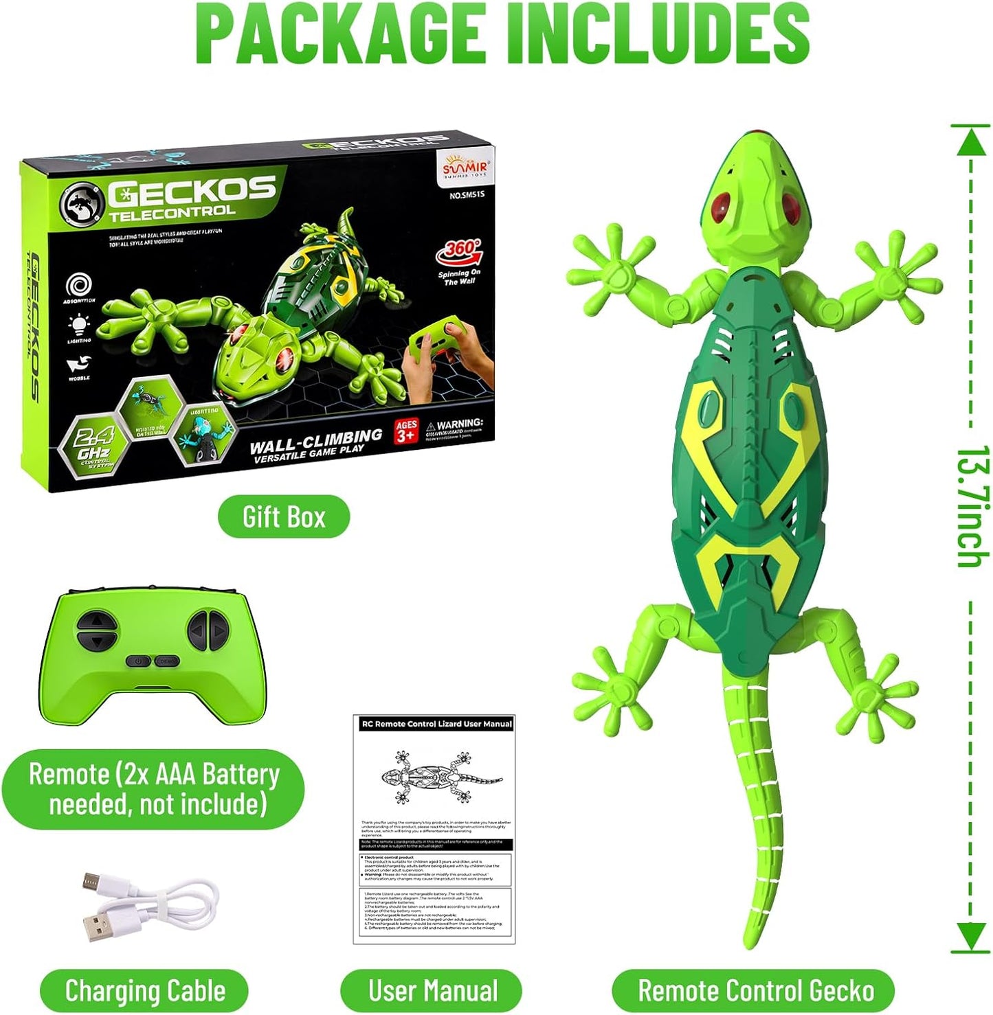 RC Wall Crawler Gecko, Rechargeable Remote Control Robot Kids Toys, Wall Climbing Funny Prank Toys Birthday Gifts for Boys & Girls Ages 4 and Up, Upgrade Low Noise (Green)