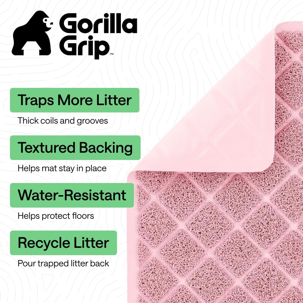 GORILLA GRIP Cat Litter Box Mat, 35x23, Cushioned Coil Mesh Litter Trapping Mats, Scatter Control Supplies for Less Mess, Phthalate Free, Ultra Deep Catch Grooves, Rinse or Vacuum to Clean, Light Pink