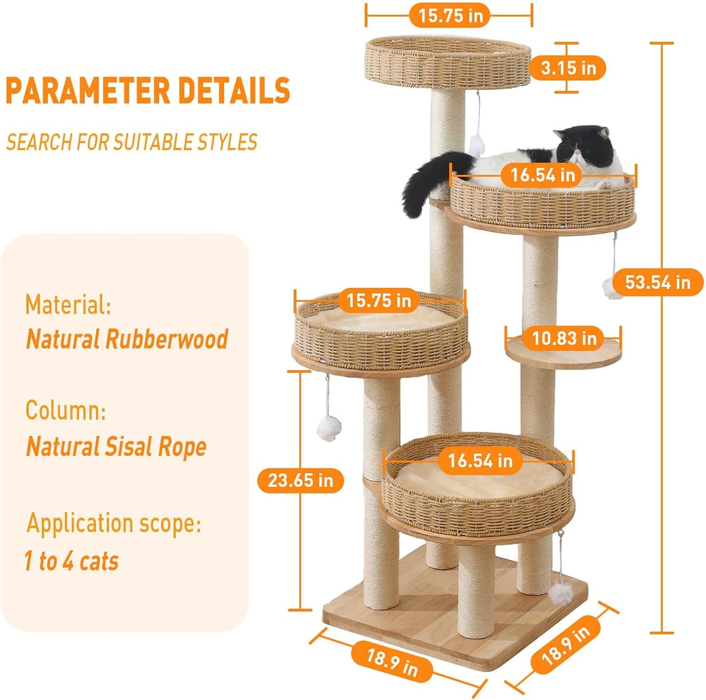 Modern Cat Tree for Indoor Cats Large Adult, 54''Tall Cat Tower with Scratching Post, Wood Cat Tree for Large Cats with Multi-Levels, 4 Weaving Washable Handwoven Rattan Cat Condo